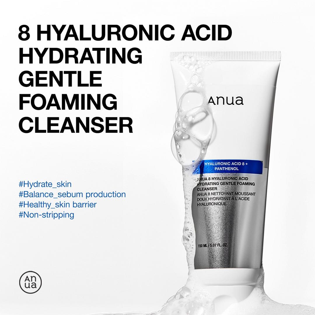 ANUA Hydrating Gentle Foaming Cleanser, Hyaluronic Acid, Glycerin, Zinc, Panthenol, Korean Face Wash for Dry Skin, for Double Cleansing