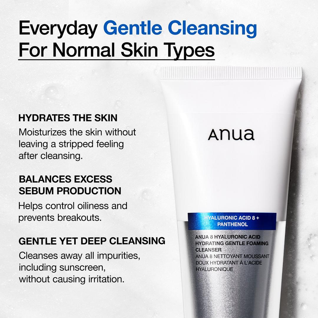 ANUA Hydrating Gentle Foaming Cleanser, Hyaluronic Acid, Glycerin, Zinc, Panthenol, Korean Face Wash for Dry Skin, for Double Cleansing