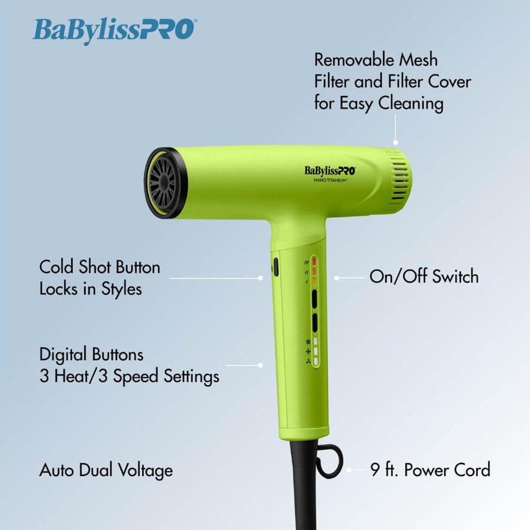 BaBylissPRO Nano Titanium Nano Light Ionic Dryer (Neon Yellow)